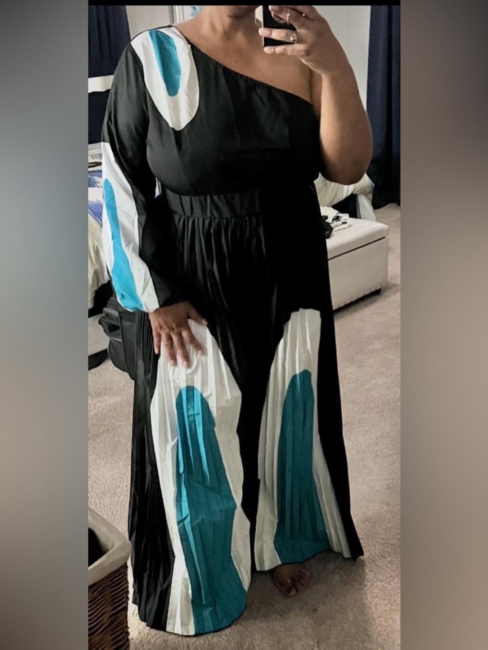 SHEIN Black One-Shoulder Wide Leg Jumpsuit with Teal and White Panels